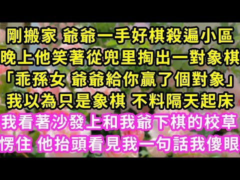 剛搬家爺爺一手好棋殺遍小區.晚上他從兜里掏出對象棋「乖孫女 爺爺給你贏了對象」我以為只是象 不料隔天起床.我看著沙發上和我爺下棋的校草愣住 他抬頭看見我一句話我傻眼#甜寵#灰姑娘#霸道總裁#愛情#婚姻