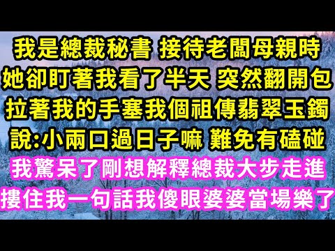 我是總裁秘書 接待老闆母親時,她卻盯著我看半天突然翻開包,拉著我的手塞我祖傳翡翠玉鐲,說:小兩口過日子難免磕碰!我驚呆剛想解釋總裁大步走進,摟住我一句話傻眼婆婆樂了#甜寵#灰姑娘#霸道總裁#愛情#婚姻