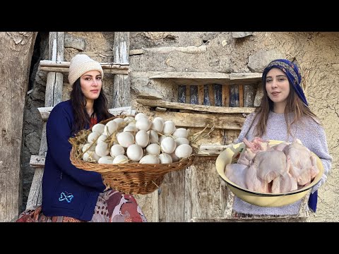 daily village life : Grandma cooks a traditional dish called "tehchin" with bread in the village