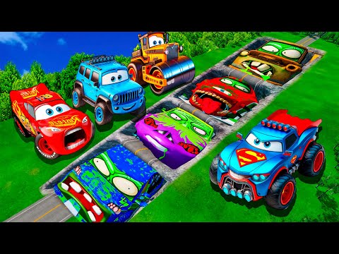 Mega pits with McQueen and Pixar Cars Vs Big & Small Lightning McQueen! BeamNG Drive Battle!