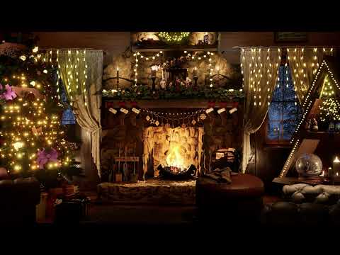 Cozy Christmas Ambience | Crackling Fireplace & Light Snowstorm Sounds 8 Hours | Christmas Scene