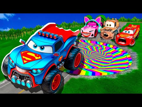 Rainbow Pit Transform In Big & Small: Lightning Mcqueen  & Mater vs  Pixar Cars! Beam.NG Drive!