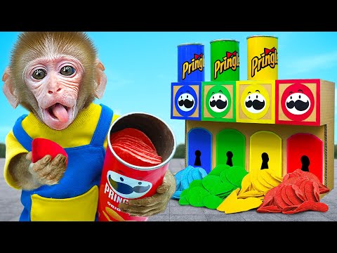 KiKi Monkey play Four Colors Challenge by Elemental Pringles Potato Chips Machine | KUDO ANIMAL KIKI