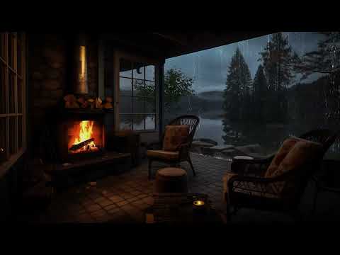 Rain in Cabin Overlooking the Lake | Fireplace Sounds for Relaxation