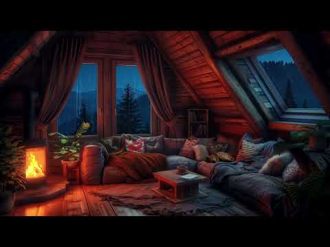 Cozy Attic Living Room Rainstorm - Rain, Fireplace, and Sleeping Cat Ambiance