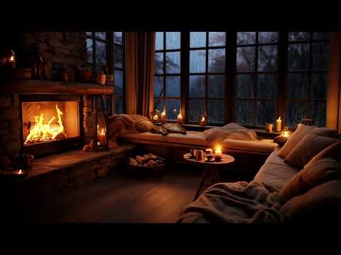 Rain & Crackling Fire in a Cozy Hut with Sleeping Cat - Relax, Sleep, or Study with Rain Sounds