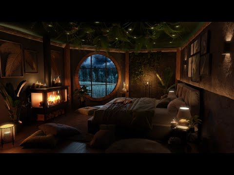 Thunderstorm, Gentle Rain & Crackling Fireplace In A Green Planted Bedroom - Cozy Ambience To Relax