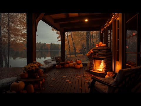 Cozy Rain & Fireplace Ambiance | Cabin Porch in Fall Ambience on Rainy Day