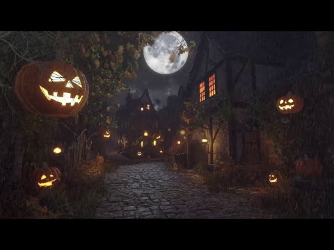 Halloween Ambience in Haunted Village | Heavy Rain & Creepy Sounds