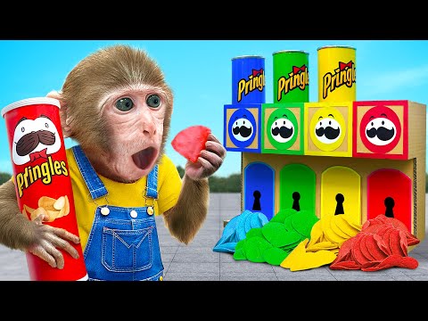 KiKi Monkey play Crispy Colorful Elemental Pringles Potato Chips Vending Machine | KUDO ANIMAL KIKI