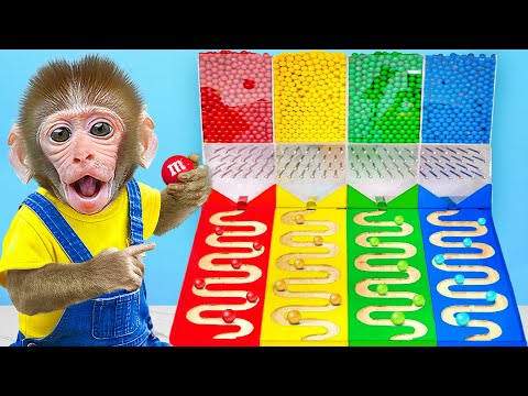 KiKi Monkey unbox ASMR Marble Run Race in Four Colors Candy Dispenser Machine | KUDO ANIMAL KIKI