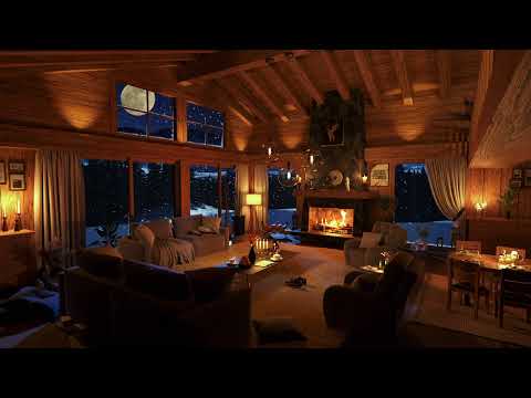 Cozy Winter Log Cabin with Crackling Fireplace and light Wind Sounds in the Background