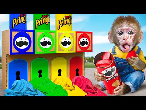 KiKi Monkey face Four Elements challenges to take Crispy Pringles Potato Chips | KUDO ANIMAL KIKI