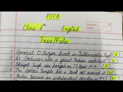 PSEB English Class 8th Board Paper All Important True/False Session 2023-2024