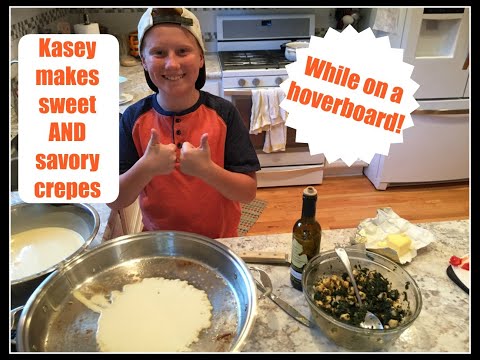 Kids Cooking:  Kasey makes crepes while on a hoverboard!