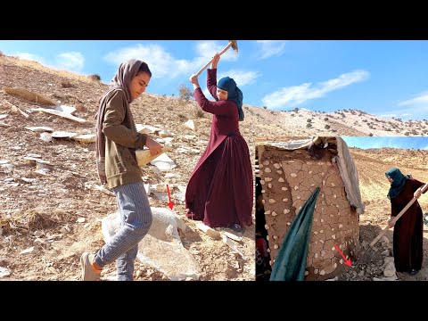 Heroic mother in the mountains: trying to protect the hut to prevent the penetration of rain