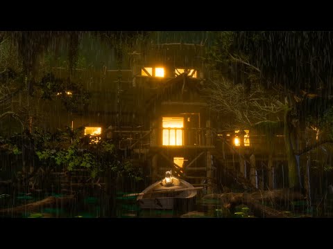 Rainy Night Swamp Sounds | Crickets, Frogs, Owls, Rain on Water | Swamp Ambience