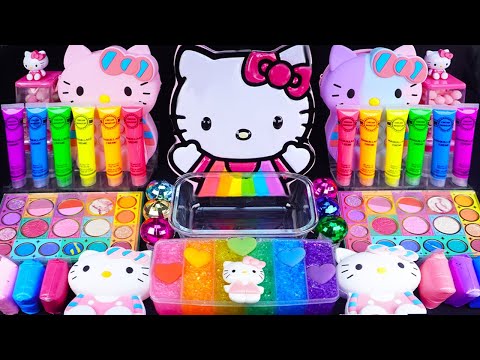 Rainbow Kitty Slime Mixing Eyeshadow,Glitter & Random things into slime #asmr #satisfyingslime