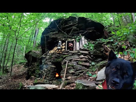 Solo BUSHCRAFT Camping; I Built a CAVE with Fireplace, SURVIVAL SHELTER. Primitive Cooking - ASMR