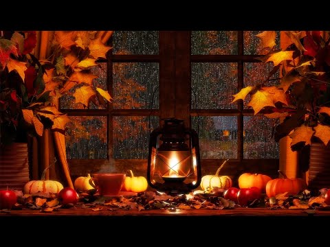 COZY AUTUMN WINDOW AMBIENCE: Piano Music, Rain on Window Sounds, Crackling Fire