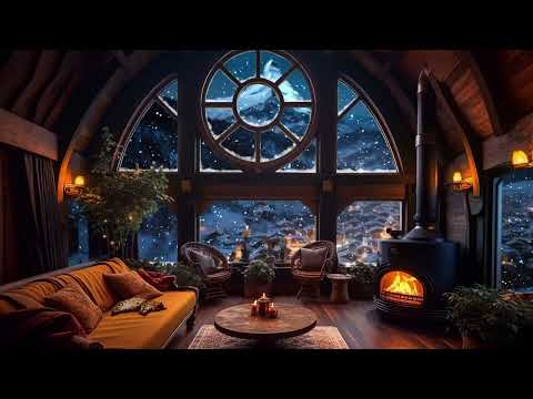 Light Wind, Falling Snow & Crackling Fire in a Cozy Room with Stunning View - Winter Ambience