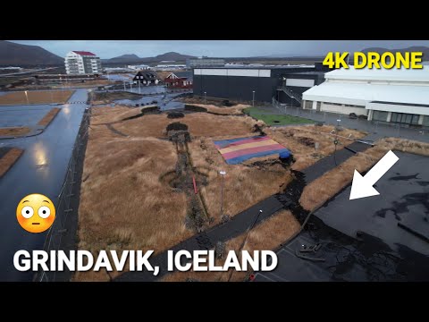 Fissures across Grindavik, Iceland, seen from drone. 29.10.24 4K