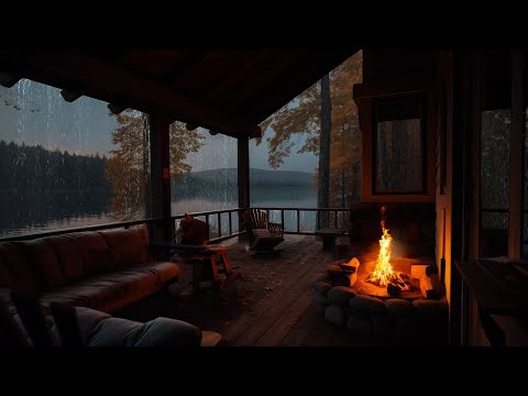 Cabin Porch Rain Sounds by the Lake | Cozy Fireplace & Soothing Nature