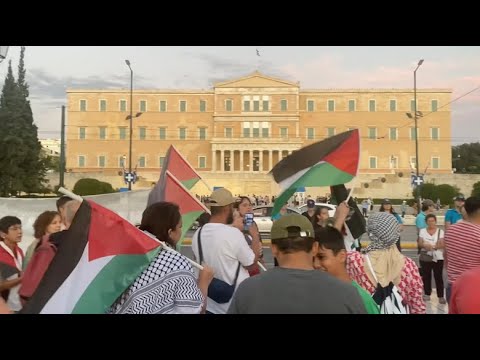 Outside Greece's Parliament, protesters denounce Greek government's complicity in Israel's genocide