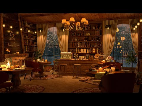 4K Cozy Winter Coffee Shop Bookstore Ambience ☕ Piano Jazz Music for Relaxing, Studying and Working