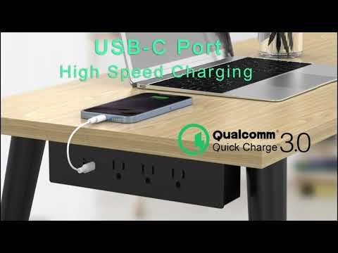 Under Desk Power Strip with 3 outlets, PD USB-C fast charging port, and USB-A port