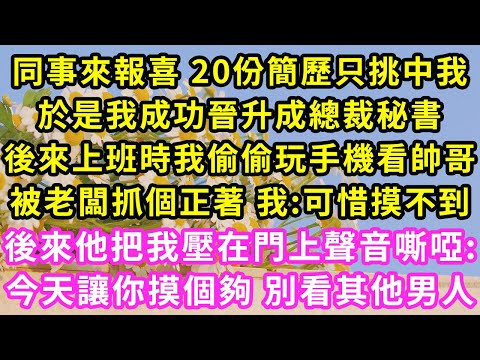 同事來報喜 20份簡歷只挑中我，於是我成功晉升成總裁秘書，後來上班時我偷偷玩手機看帥哥，被老闆抓個正著 我:可惜摸不到，後來他把我壓在門上聲音嘶啞:今天讓你摸個夠 別看其他男人#甜寵#灰姑娘#霸道總裁