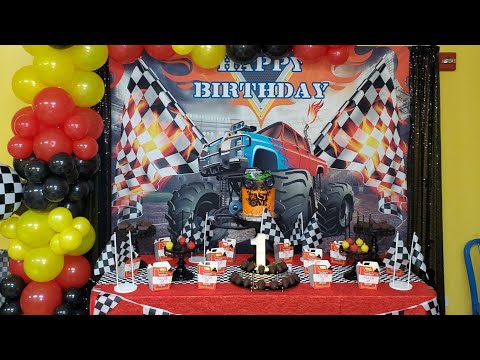 Monster Truck w/Racing Flags/First Birthday Theme w/Balloon Garland