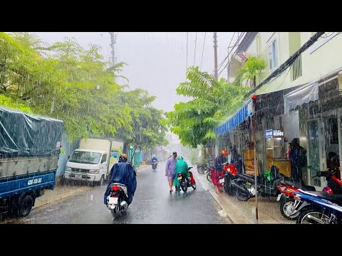 Heavy Rain Walk Vietnam - Walking In A Rainstorm Umbrella & City Sounds at Typhoon Coming