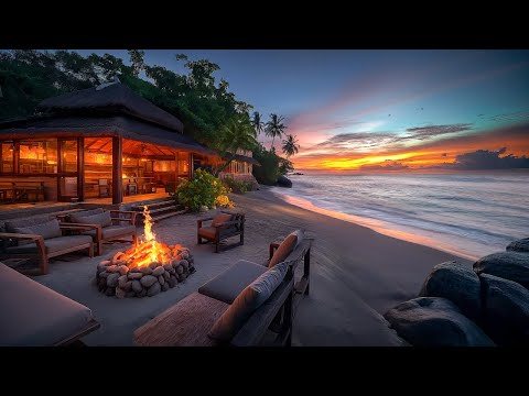 ASMR: Stunning Beach Sunset | Soothing Ocean Waves for Relaxation | Relax by the Sea with Fireplace