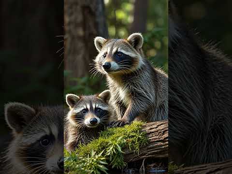 Playful Raccoon Duo in Forest Habitat: Adorable Wildlife Moment