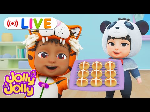 LIVE🔴Hot cross buns, Muffin man + More | Jolly Jolly & Cake Songs - Best Kids Songs!