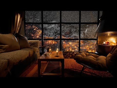 Cozy Winter Ambience With Heavy Snow | Crackling Fireplace Sounds | 8 Hours