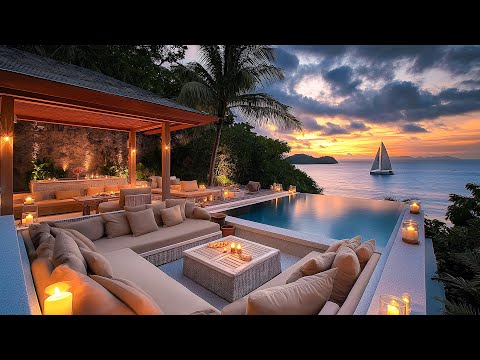 Peaceful Beach Scene With Positive Jazz - Bossa Nova Jazz Music With Ocean Waves For Positive Mood