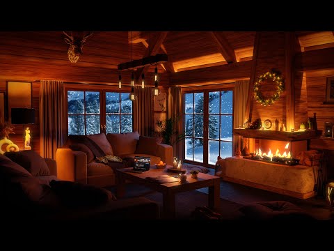 Cozy Snowstorm & Crackling Fireplace Sounds in the Log Cabin - Winter Ambience in the Mountains