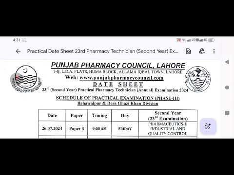 Pharmacy Technician Second year Practical Phase 3 Date sheet