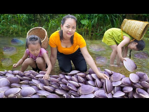 The Mother and Her two Children Caught a lot of Clams - Cooked Clams | Hoang Huong