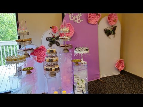 Bridal Shower Theme w/Chiara Photo Wall Backdrop & Clear Pedestals