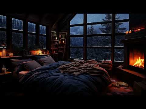 Winter Atmosphere Ambience with Crackling Fire and Falling Snow - Sleep, Relax, Study