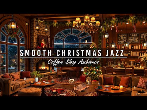 Warm Night at Christmas Coffee Shop Ambience🎄Christmas Jazz instrumental Music & Crackling Fireplace