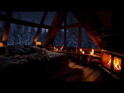 Atmospheric Winter Sound with Gentle Crackling Fire in a Cozy Bedroom with nice View into the Night