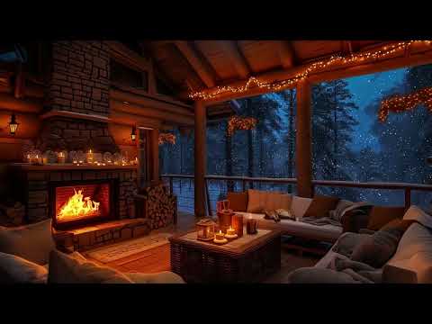 Evening Snowfall - Rustic Cabin Porch Ambiance