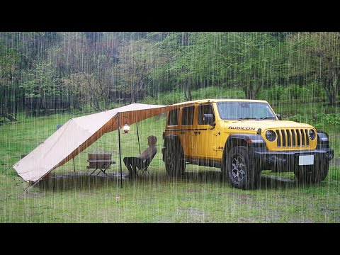 Rain Car Camping: Steak Grilling, Solo Adventure with Chrysler Jeep.