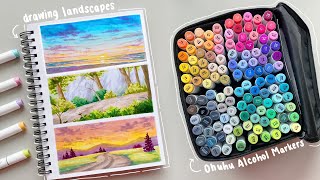 🌷drawing landscapes using alcohol markers 🌅 unboxing new art supplies! ✨ ft. ohuhu