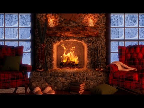 Winter Ambience | Cozy Winter Cabin With Relaxing Fireplace Sounds, Gentle Wind, Falling Snow