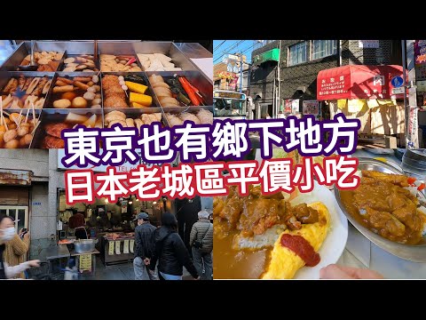 Tokyo old town street food, old restaurant, fried pork curry rice, yakitori, cream taiyaki, odenn